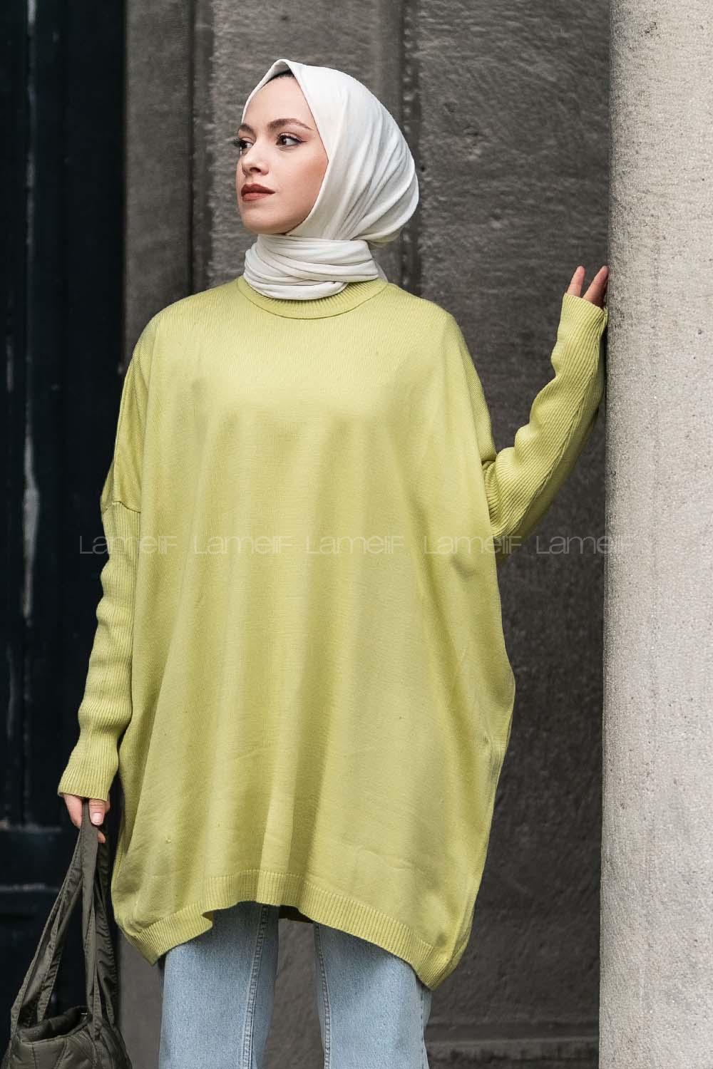 Modalamelif Yarım Balıkçı Yaka Oversize Detaylı Panço Fıstık Yeşili