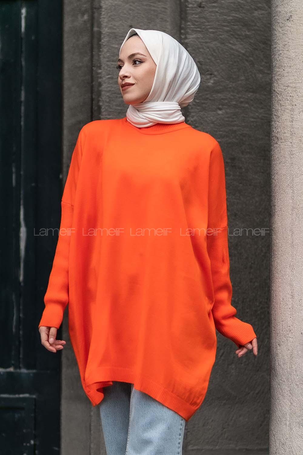 Modalamelif Yarım Balıkçı Yaka Oversize Detaylı Panço Oranj