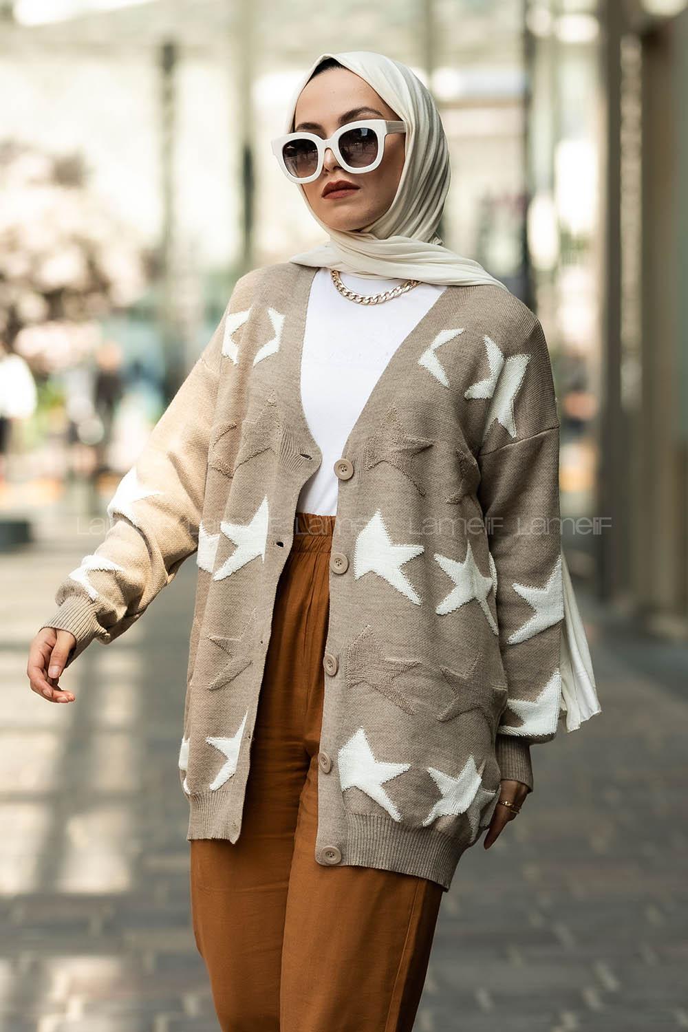 Modalamelif Önü Boydan Düğmeli  Yıldız Desenli Triko Hırka Vizon