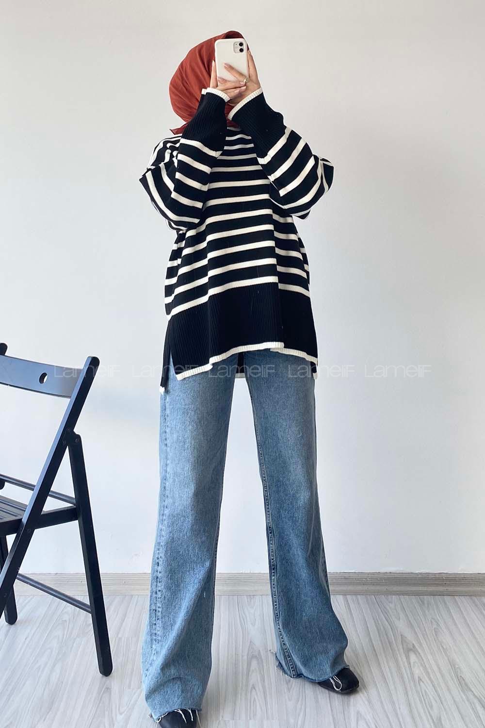 Modalamelif Balıkçı Yaka Çizgi Desenli Yırtmaçlı Triko Kazak Siyah