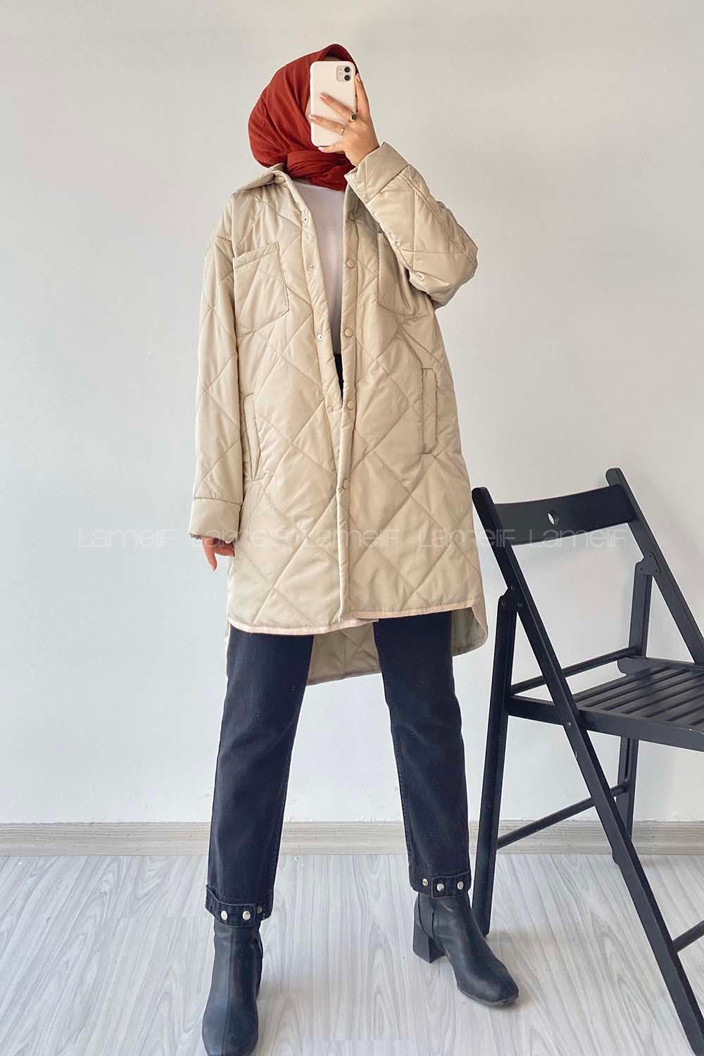 Modalamelif Kapitone Desenli Çift Cepli Mont Bej