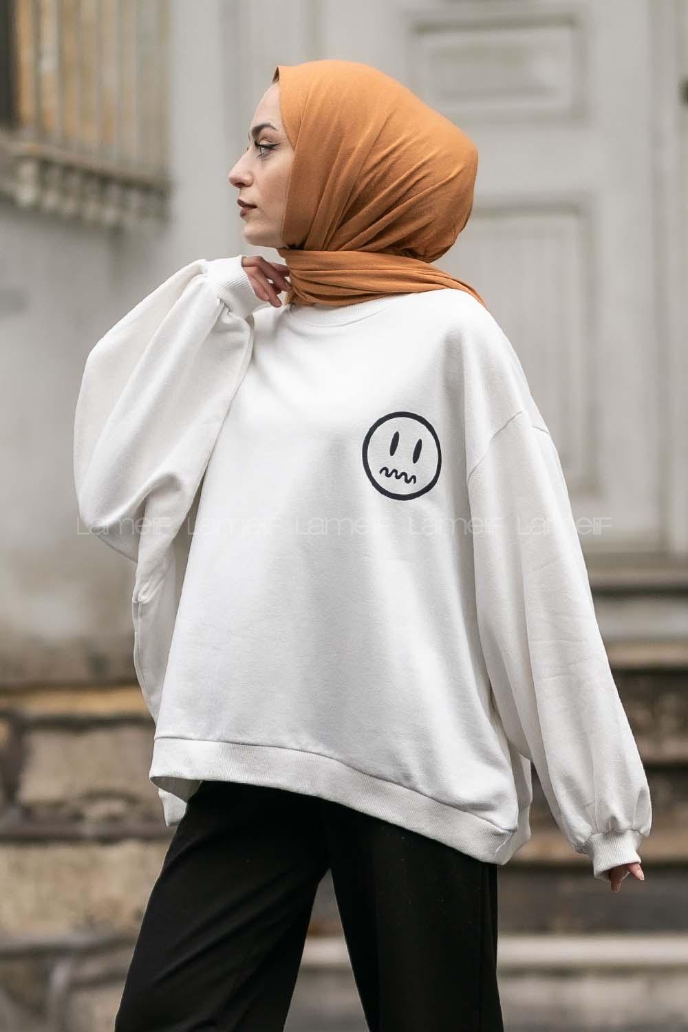 Modalamelif Emoji Baskılı Kaşkorse Sweat Beyaz