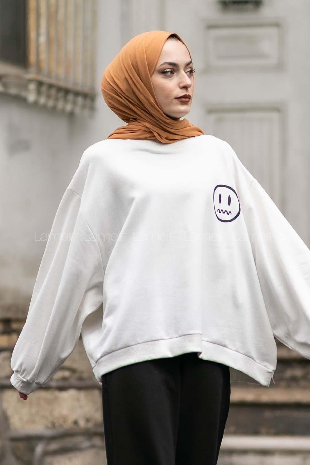 Modalamelif Emoji Baskılı Kaşkorse Sweat Beyaz