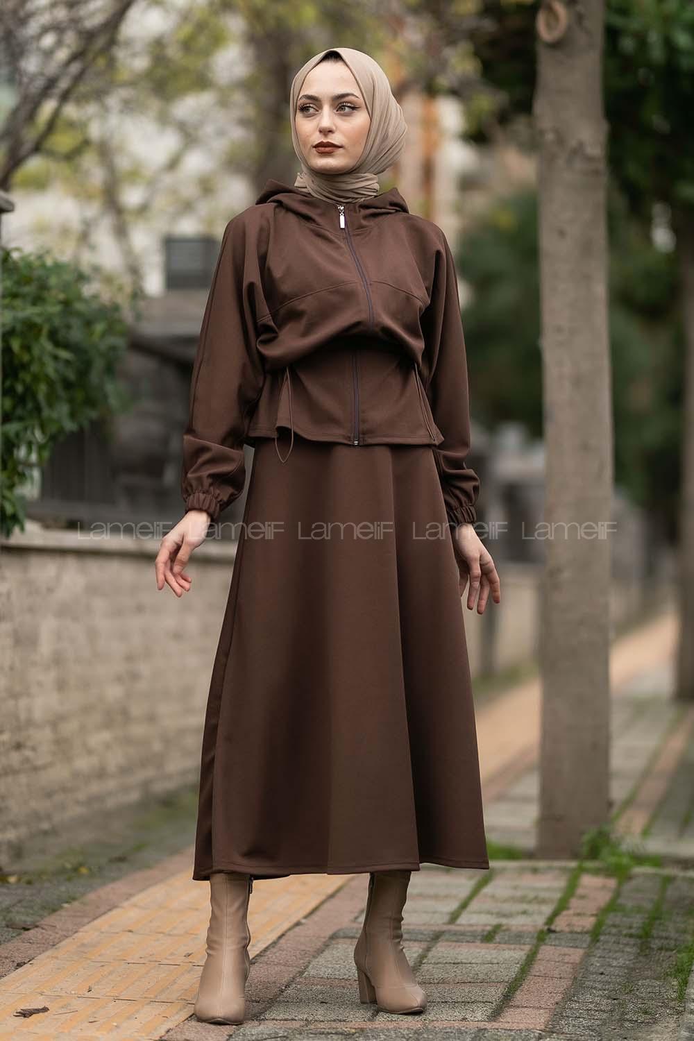 Modalamelif Kapüşonlu Hırka Ve Etek İkili Takım Acıkahve
