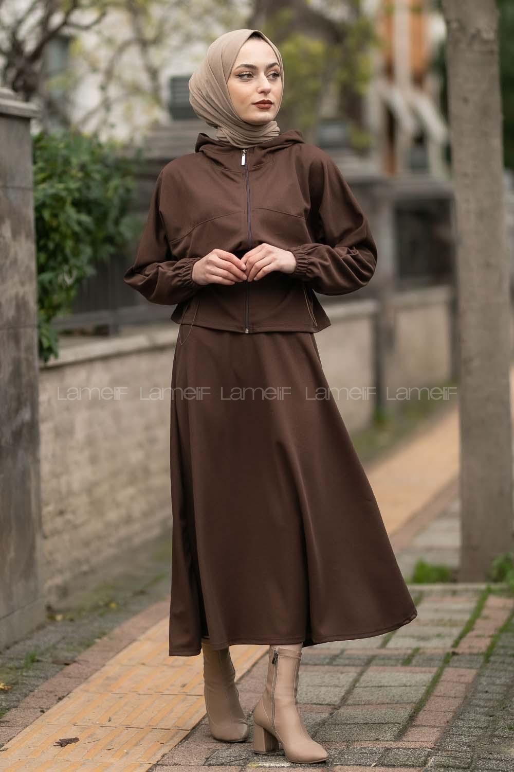 Modalamelif Kapüşonlu Hırka Ve Etek İkili Takım Acıkahve