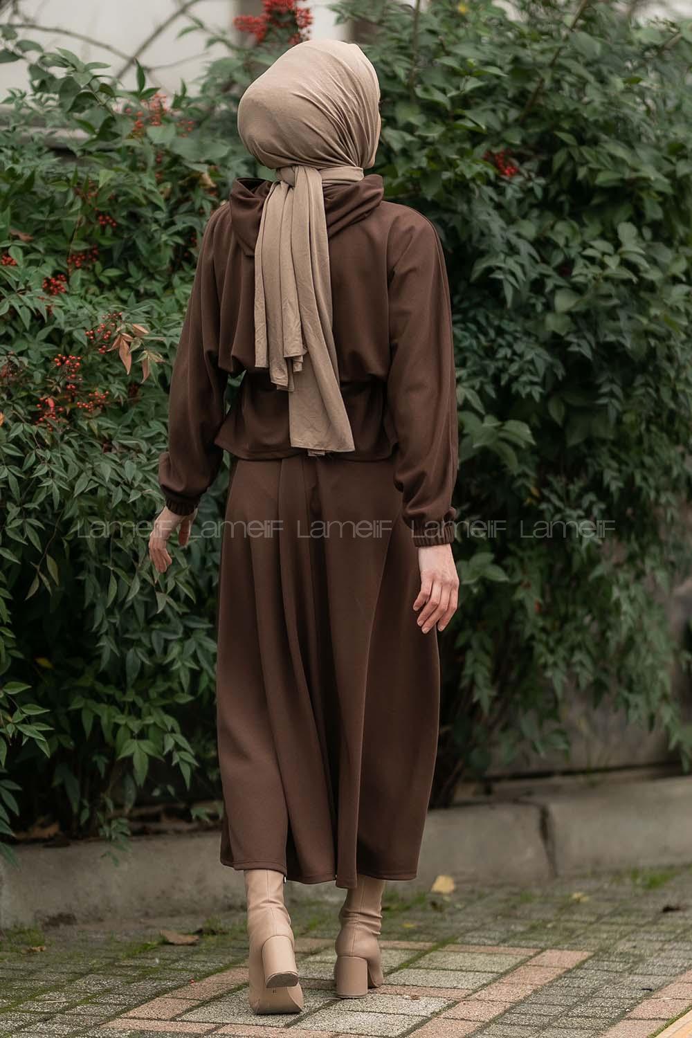 Modalamelif Kapüşonlu Hırka Ve Etek İkili Takım Acıkahve