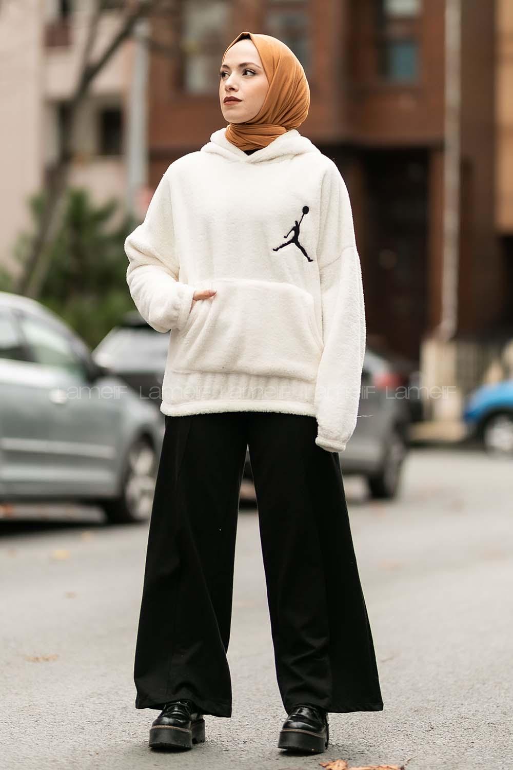 Modalamelif Kapüşonlu Jordan Nakışlı Peluş Sweat Ekru