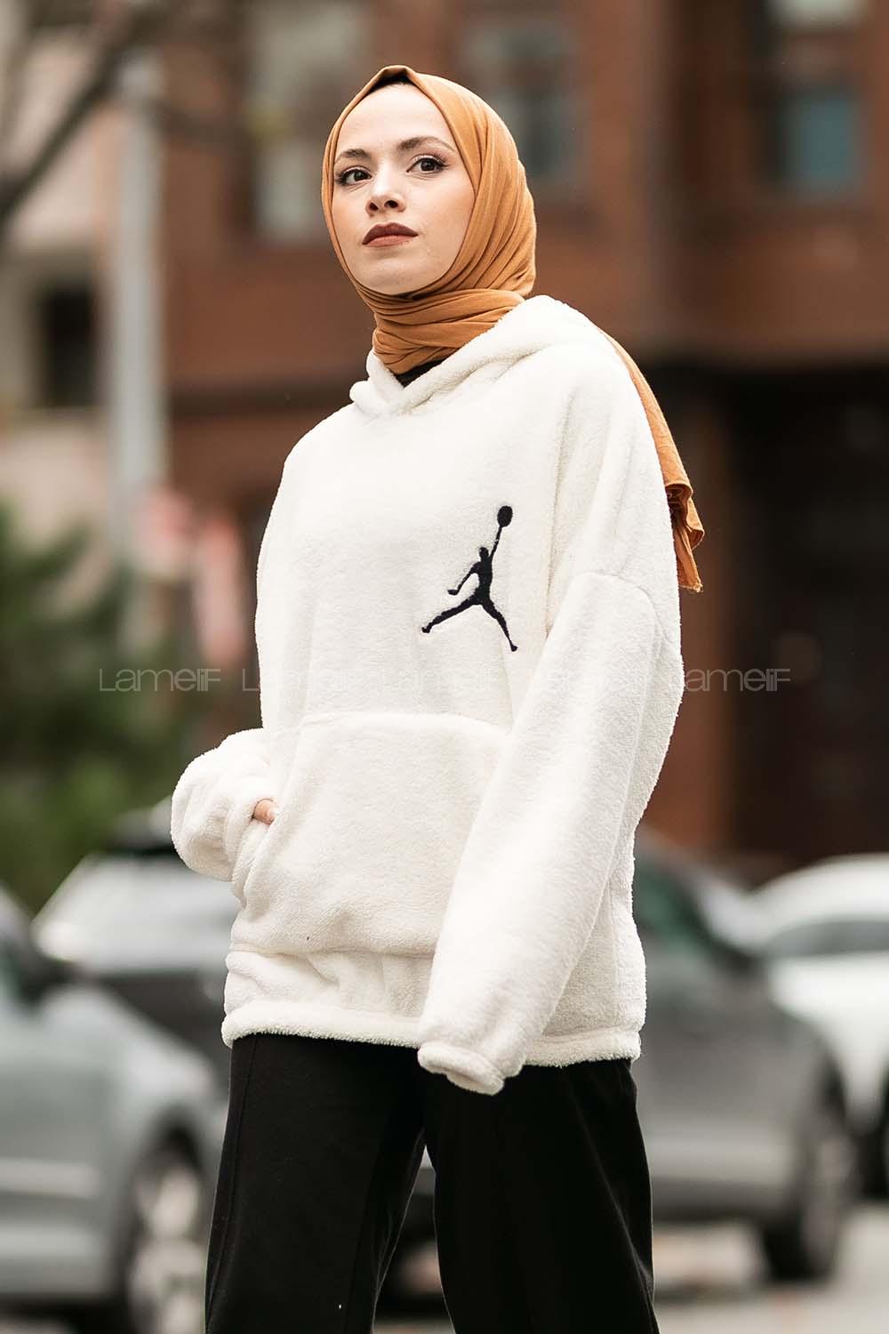 Modalamelif Kapüşonlu Jordan Nakışlı Peluş Sweat Ekru