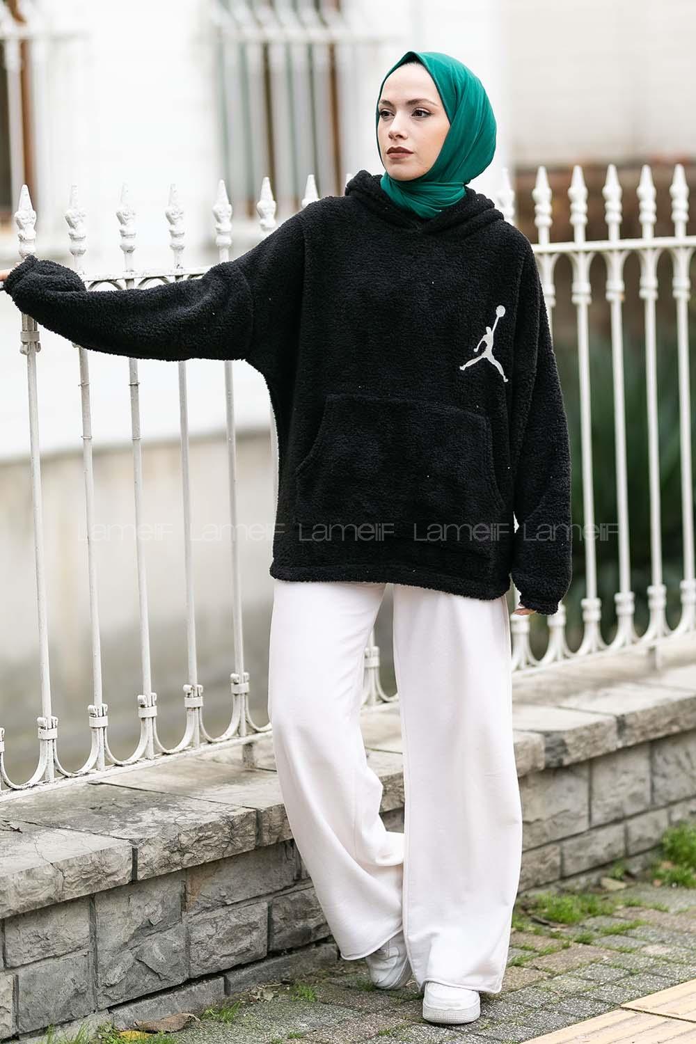 Modalamelif Kapüşonlu Jordan Nakışlı Peluş Sweat Siyah