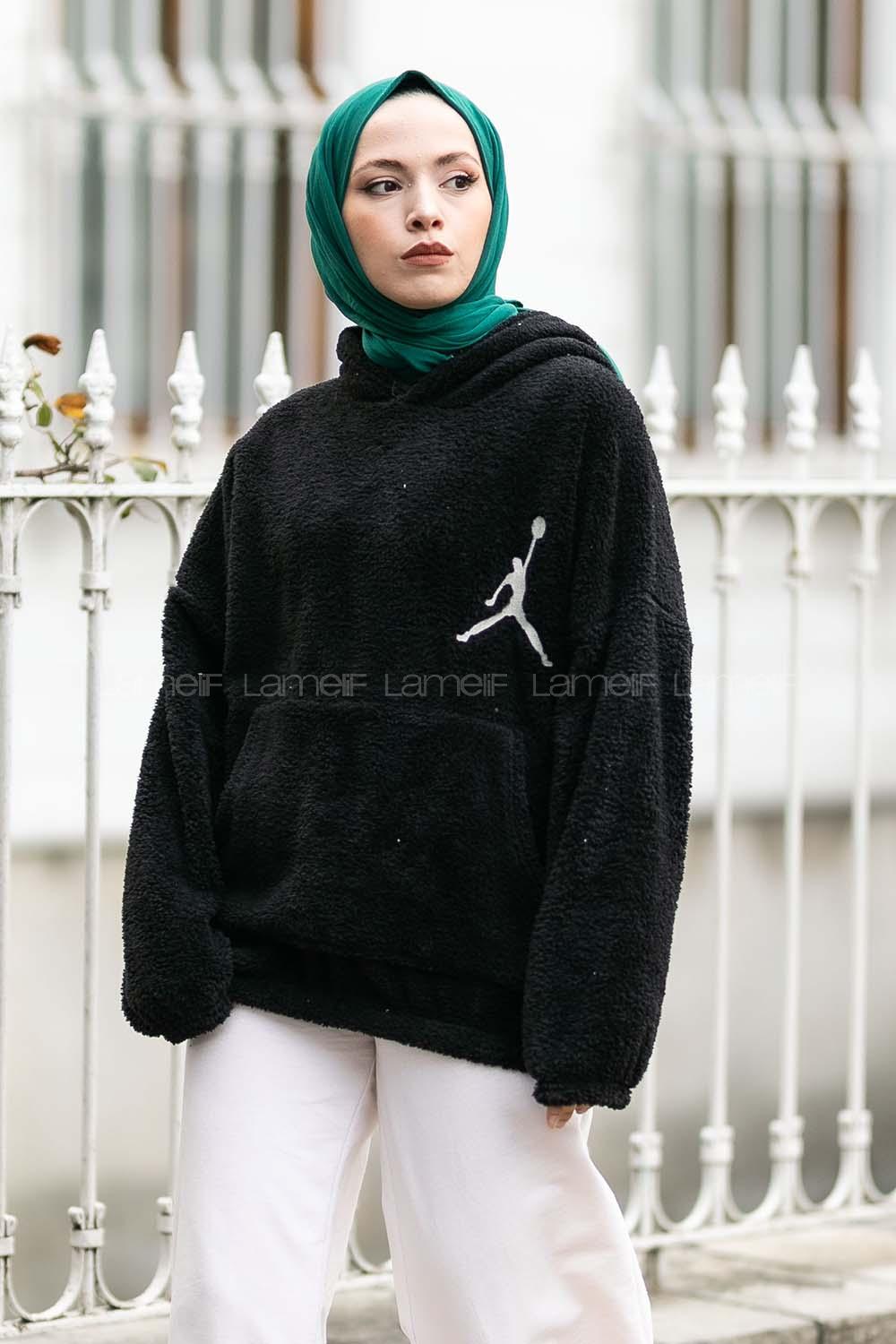 Modalamelif Kapüşonlu Jordan Nakışlı Peluş Sweat Siyah