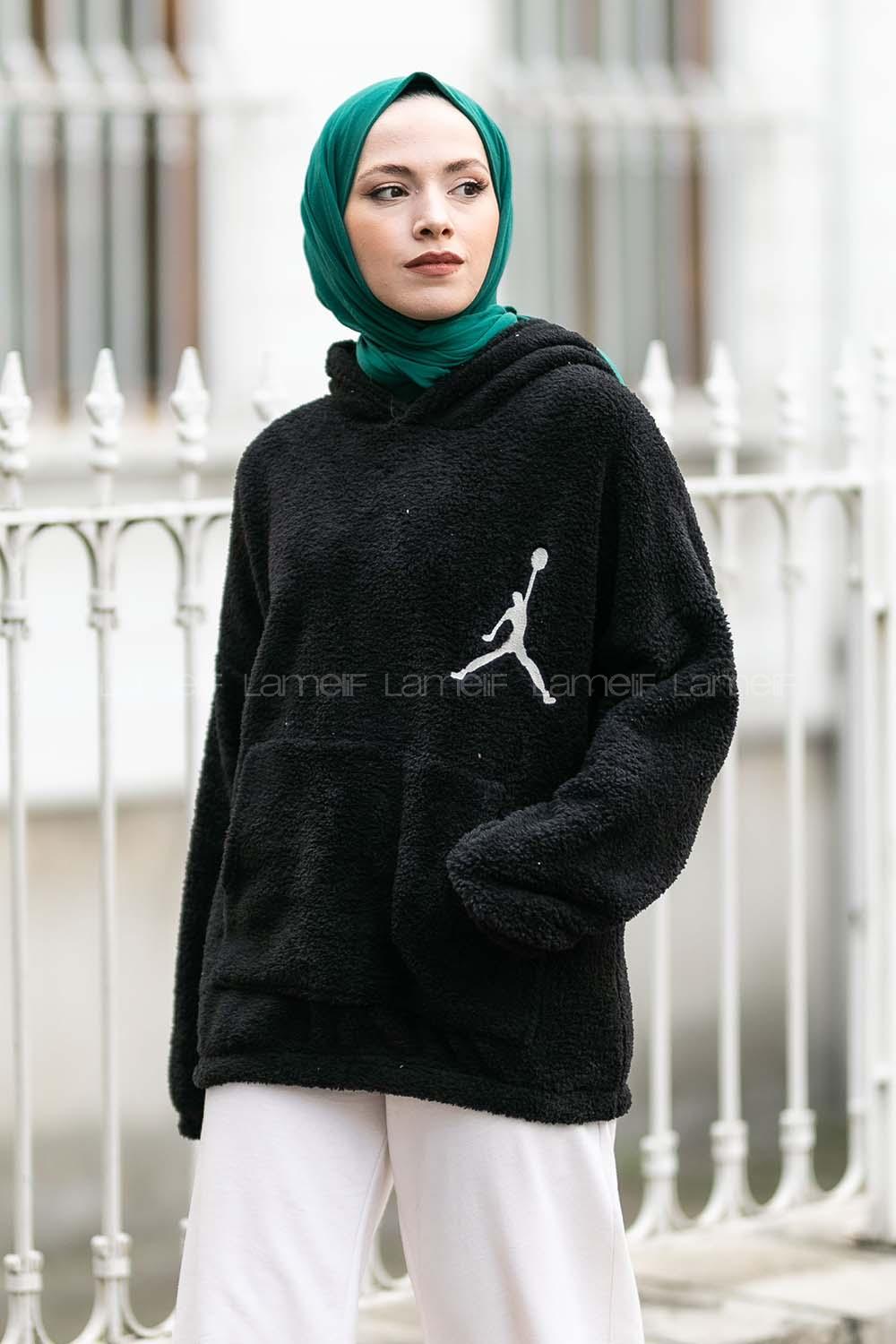 Modalamelif Kapüşonlu Jordan Nakışlı Peluş Sweat Siyah