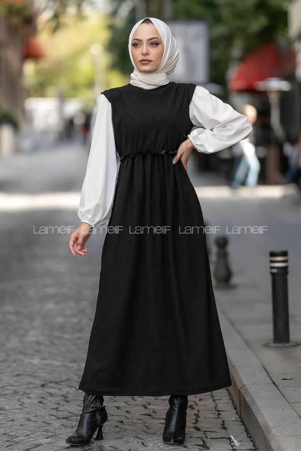 Modalamelif Kol Garnili Beli Büzgü Detaylı Triko Elbise Siyah