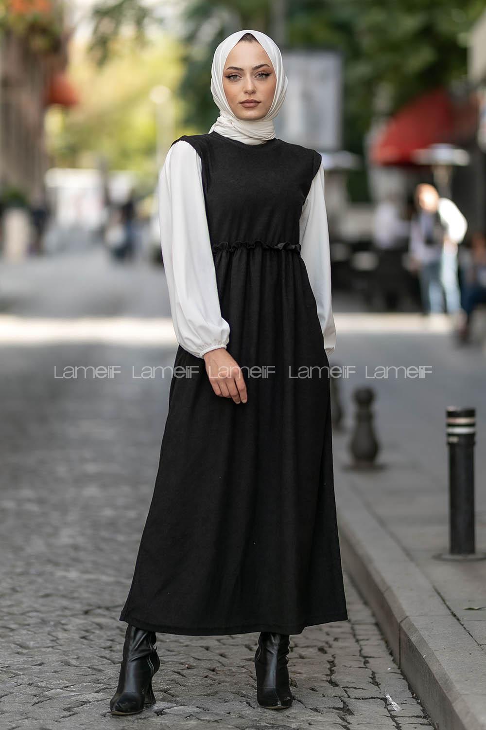 Modalamelif Kol Garnili Beli Büzgü Detaylı Triko Elbise Siyah