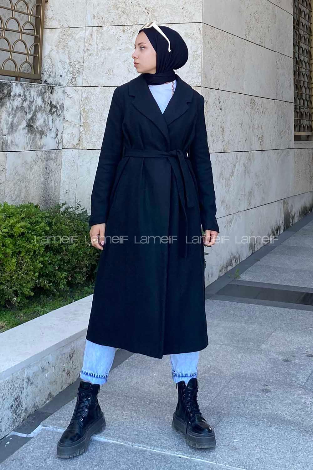 Modalamelif Kuşak Bağlamalı Kaşe Kaban Siyah