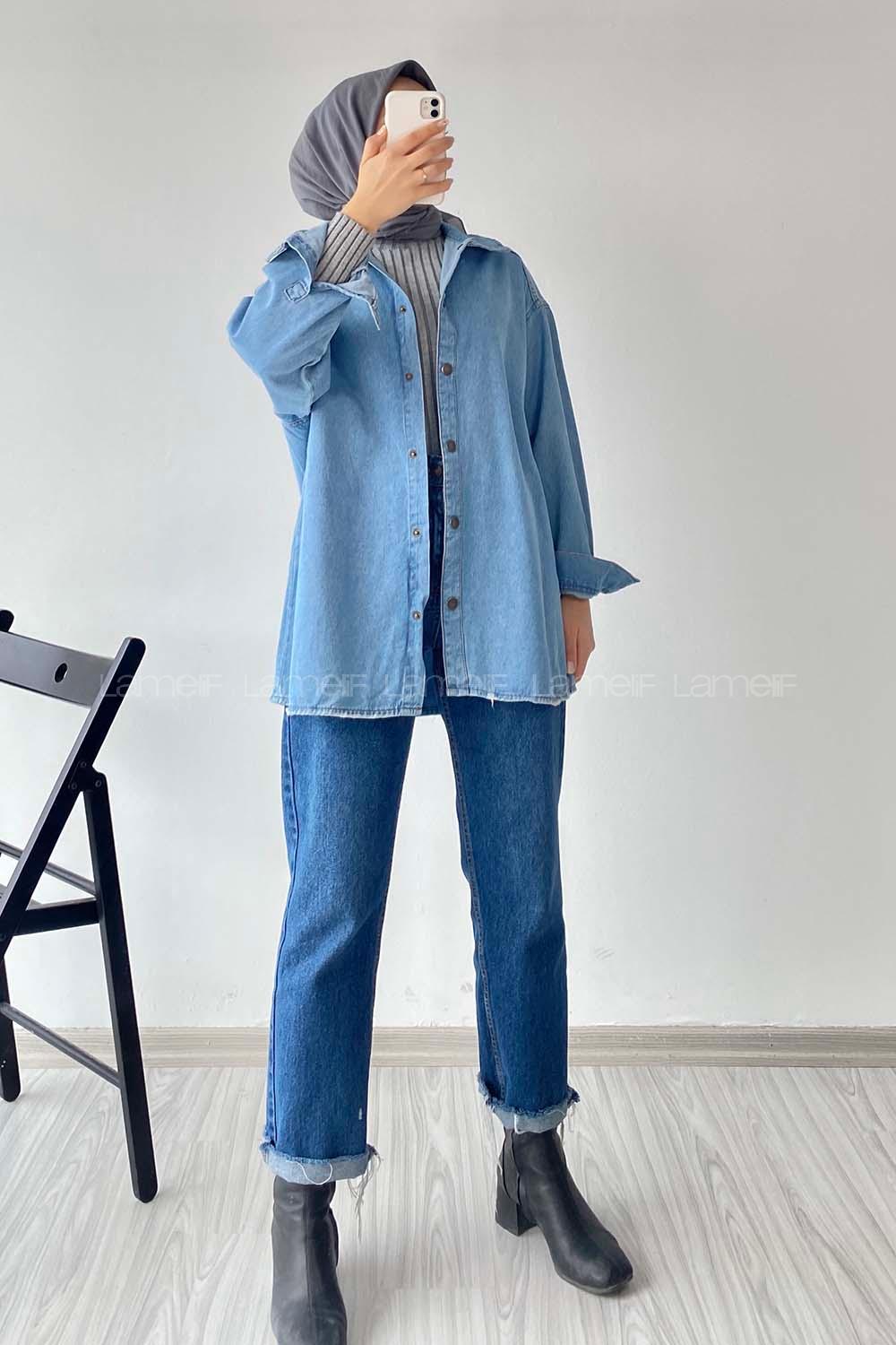 Modalamelif Çıtçıt Düğmeli Kot Gömlek  Mavi