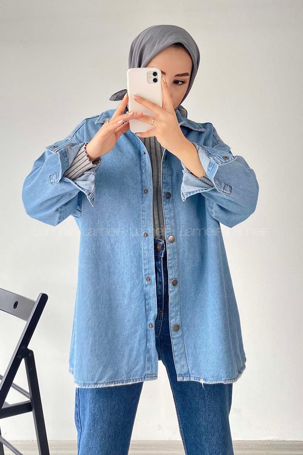 Modalamelif Çıtçıt Düğmeli Kot Gömlek  Mavi