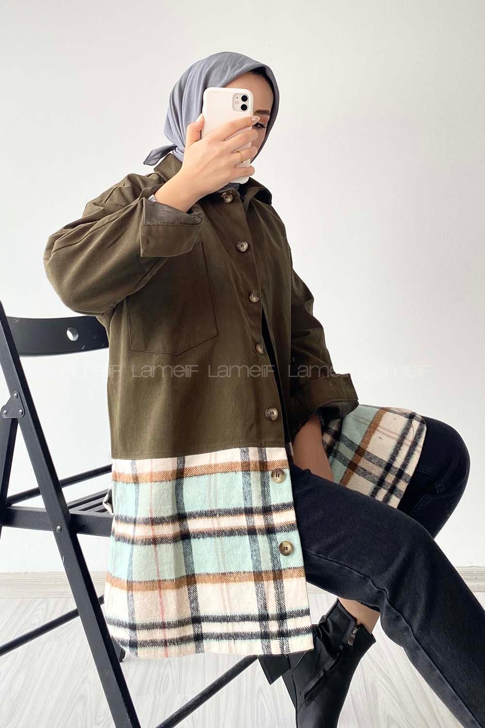 Modalamelif Ekose Garnili Yırtmaç Detaylı Ceket Haki