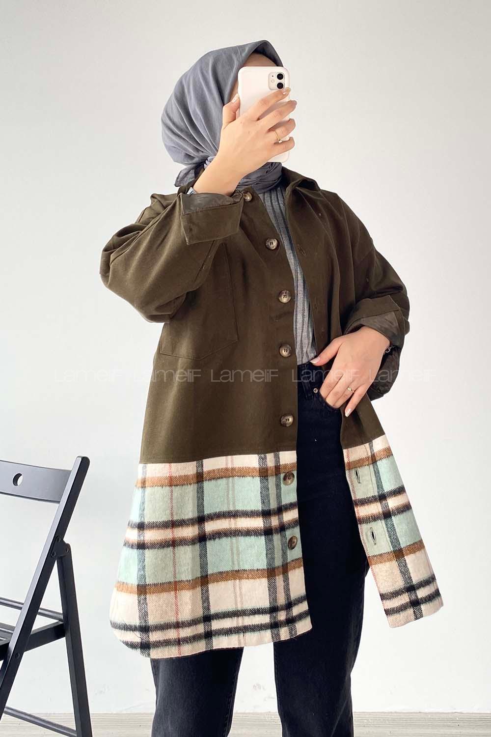 Modalamelif Ekose Garnili Yırtmaç Detaylı Ceket Haki