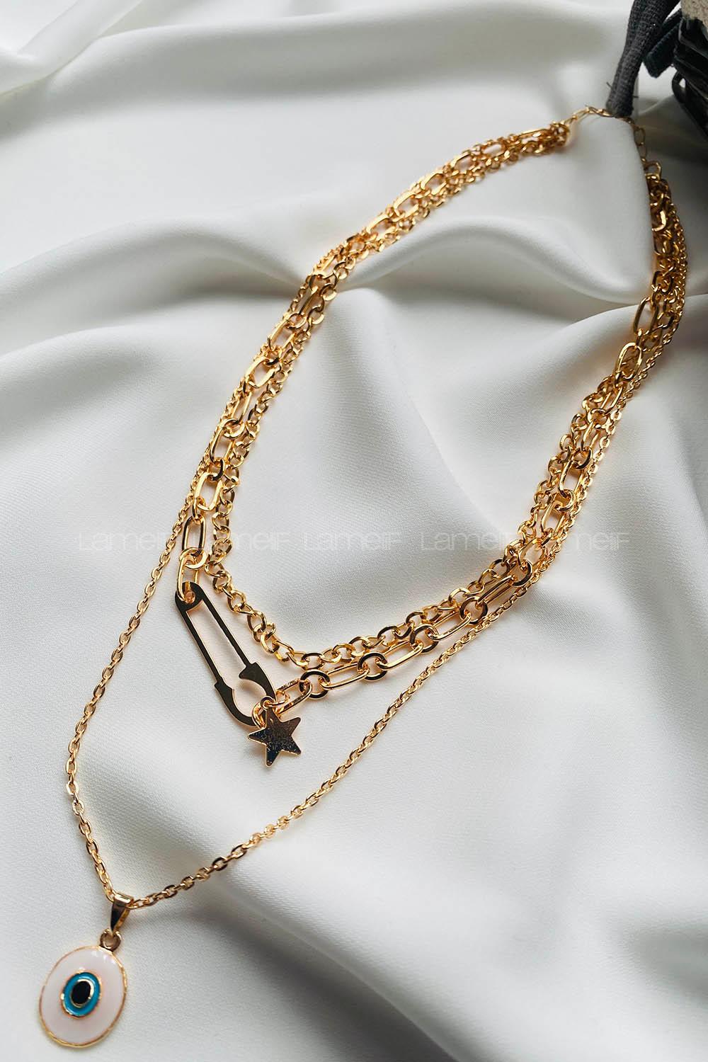 Modalamelif Gold 3Lü Kombin Çengel İğne Detaylı Kolye