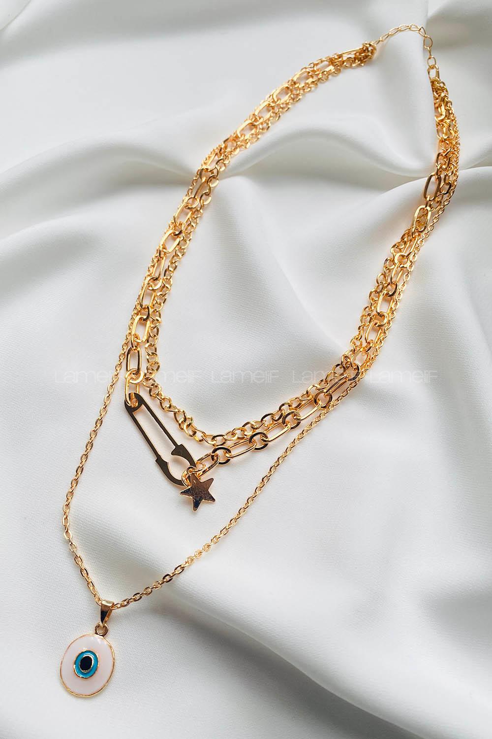 Modalamelif Gold 3Lü Kombin Çengel İğne Detaylı Kolye