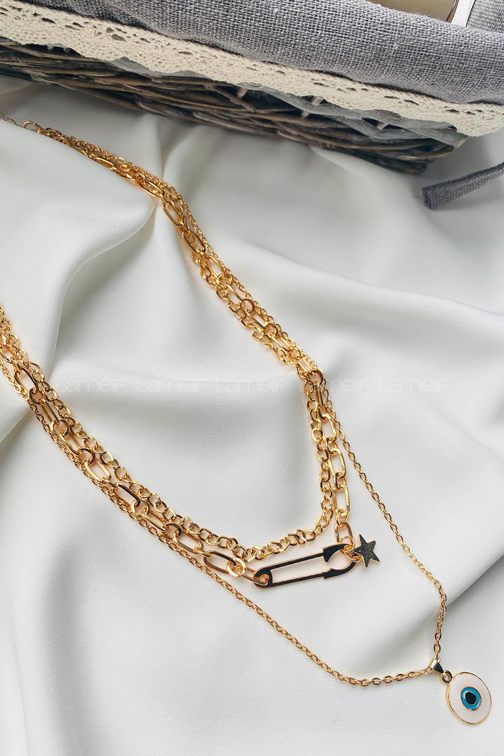 Modalamelif Gold 3Lü Kombin Çengel İğne Detaylı Kolye