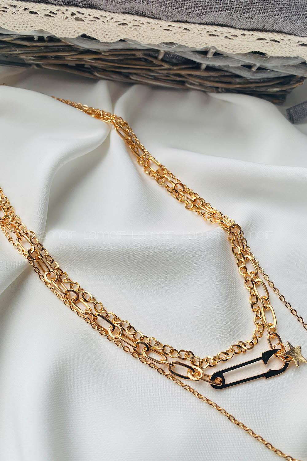 Modalamelif Gold 3Lü Kombin Çengel İğne Detaylı Kolye