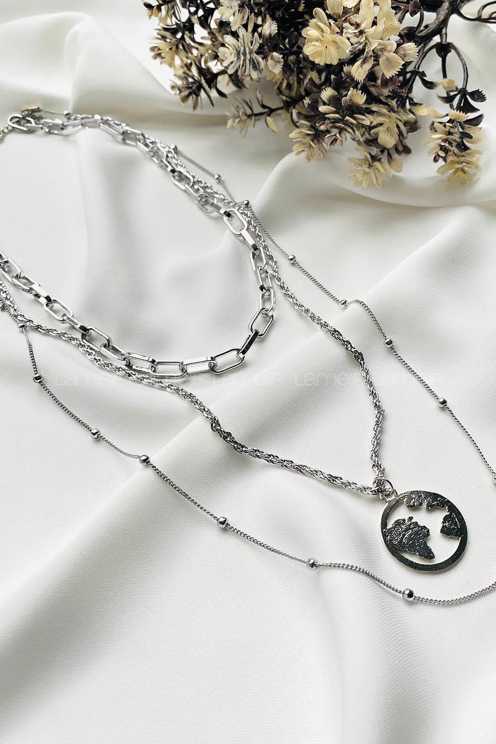 Modalamelif Gümüş 3Lü Kombin Dünya Detaylı Kolye