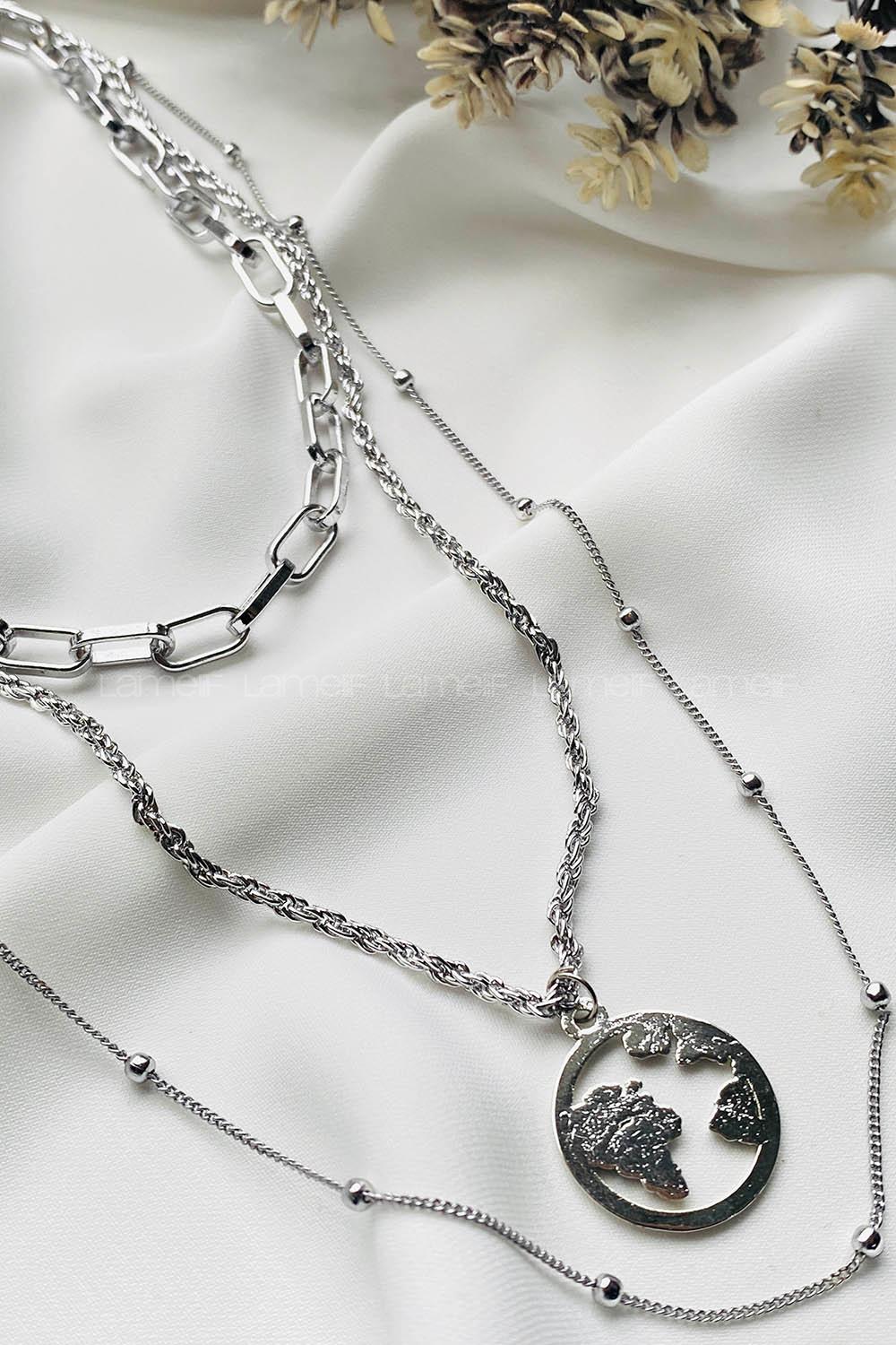 Modalamelif Gümüş 3Lü Kombin Dünya Detaylı Kolye