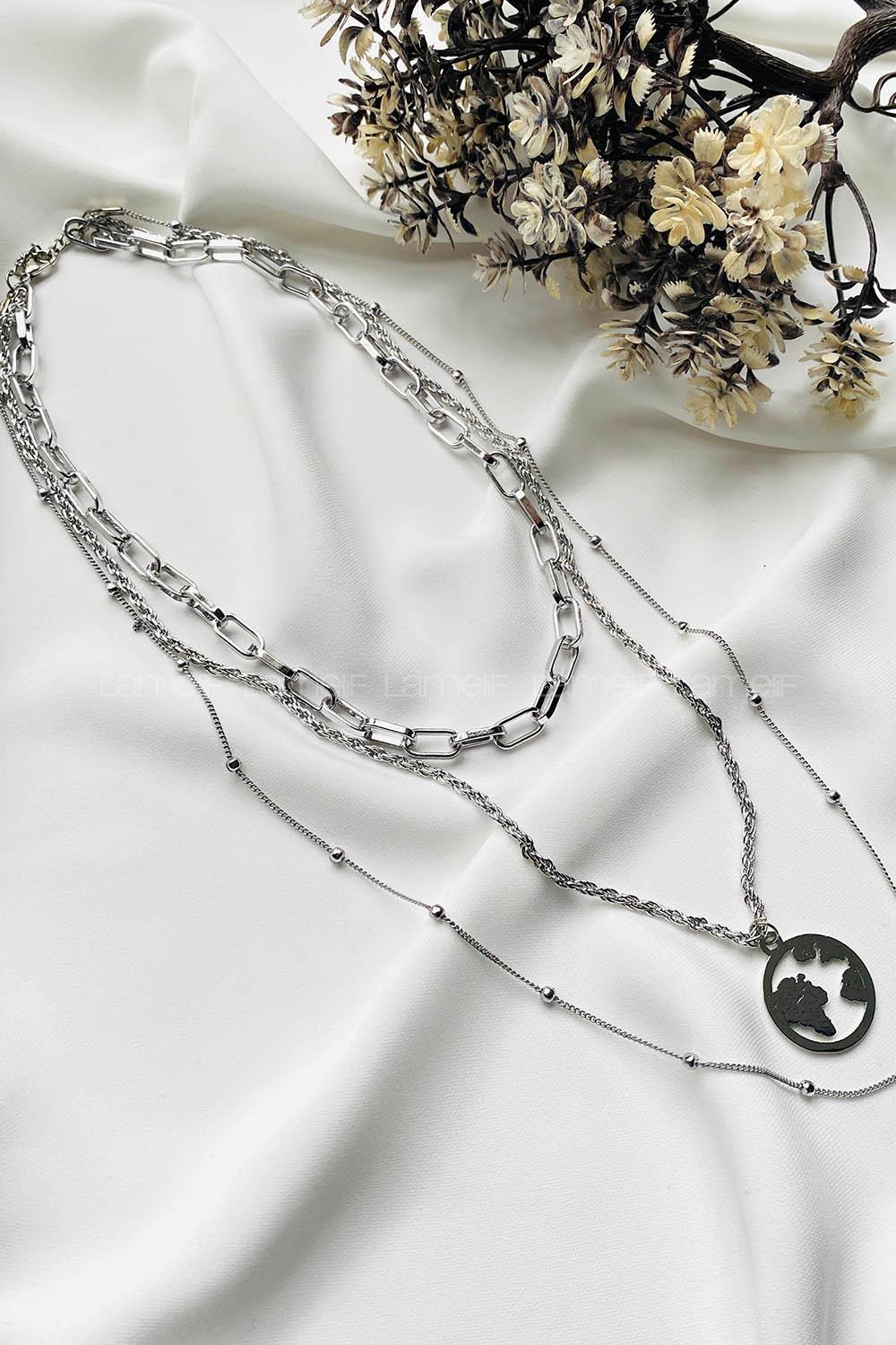 Modalamelif Gümüş 3Lü Kombin Dünya Detaylı Kolye