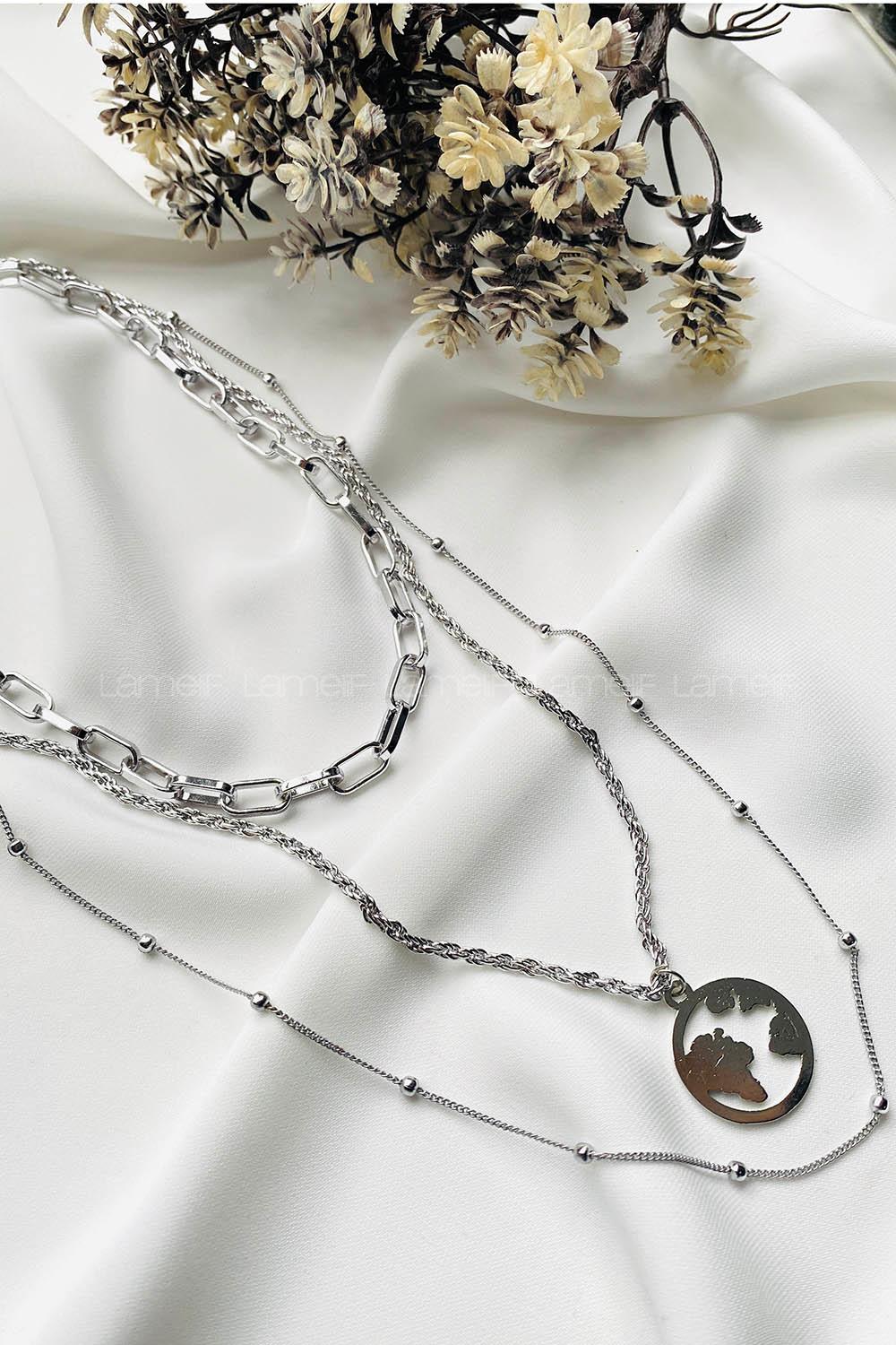 Modalamelif Gümüş 3Lü Kombin Dünya Detaylı Kolye