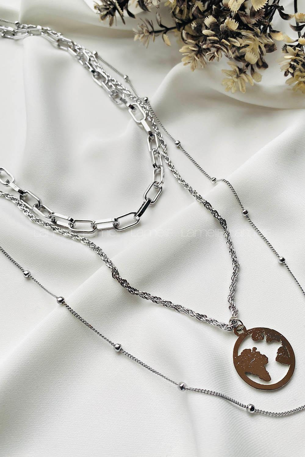 Modalamelif Gümüş 3Lü Kombin Dünya Detaylı Kolye