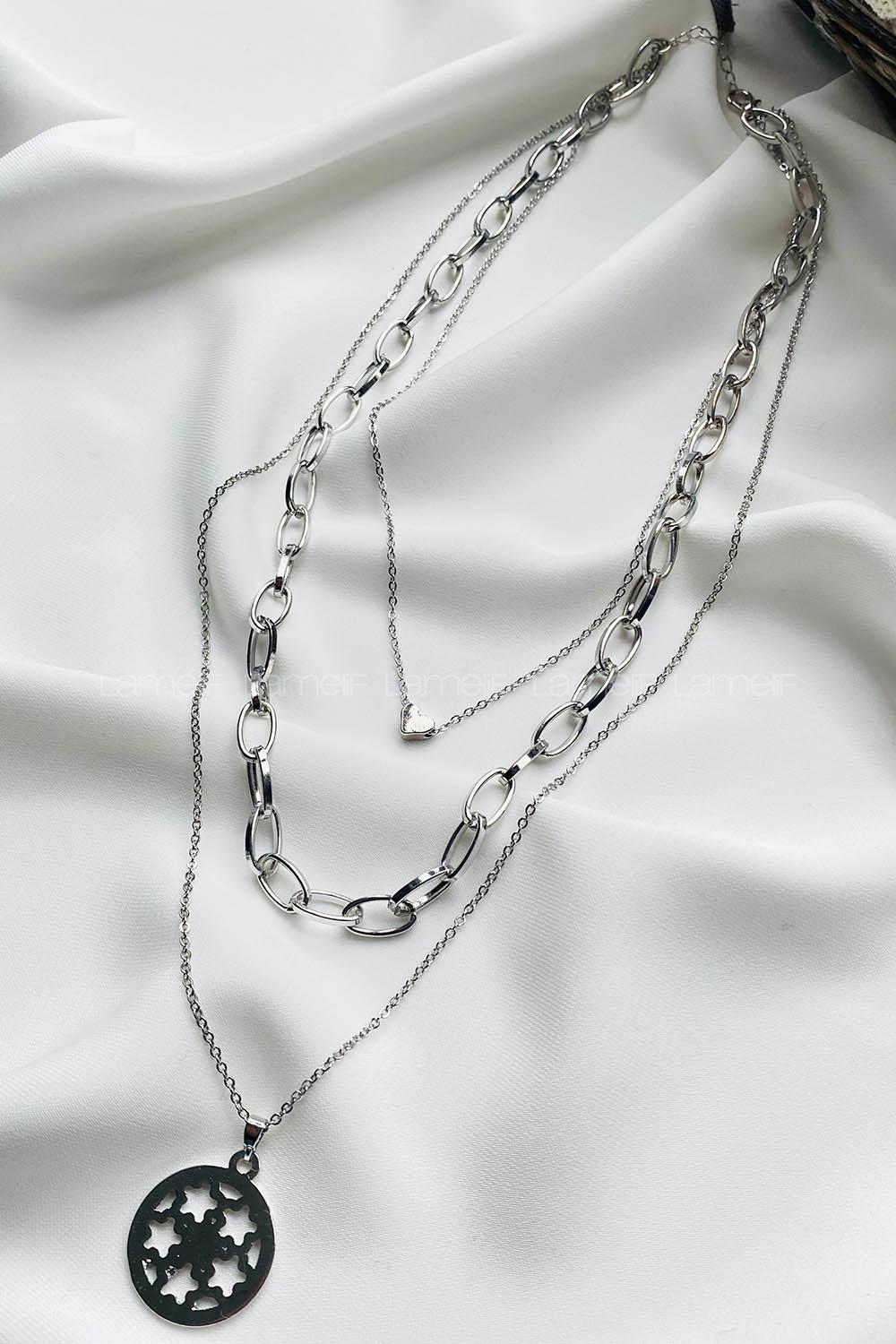 Modalamelif Gümüş 3Lü Kombin Kalp Detay Yıldızlı Kolye