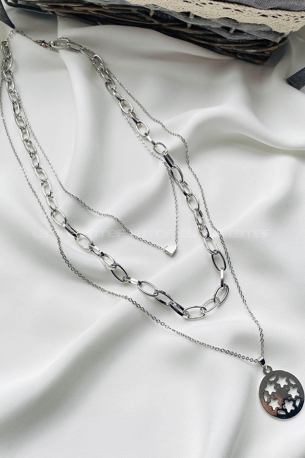 Modalamelif Gümüş 3Lü Kombin Kalp Detay Yıldızlı Kolye