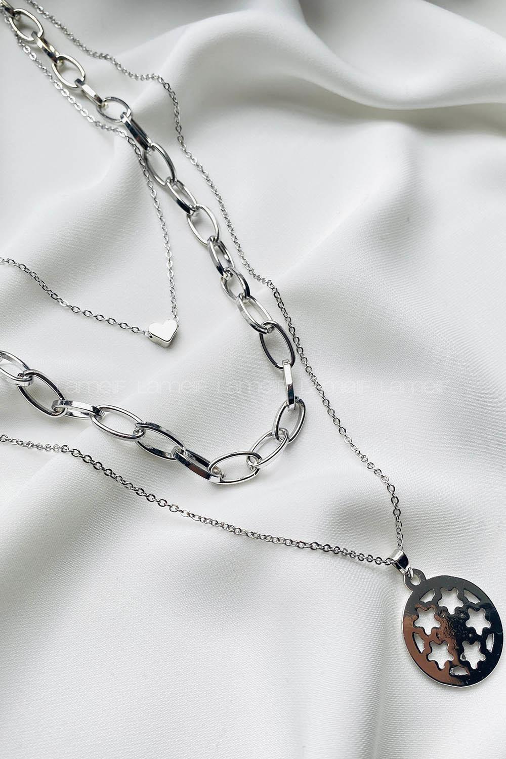 Modalamelif Gümüş 3Lü Kombin Kalp Detay Yıldızlı Kolye