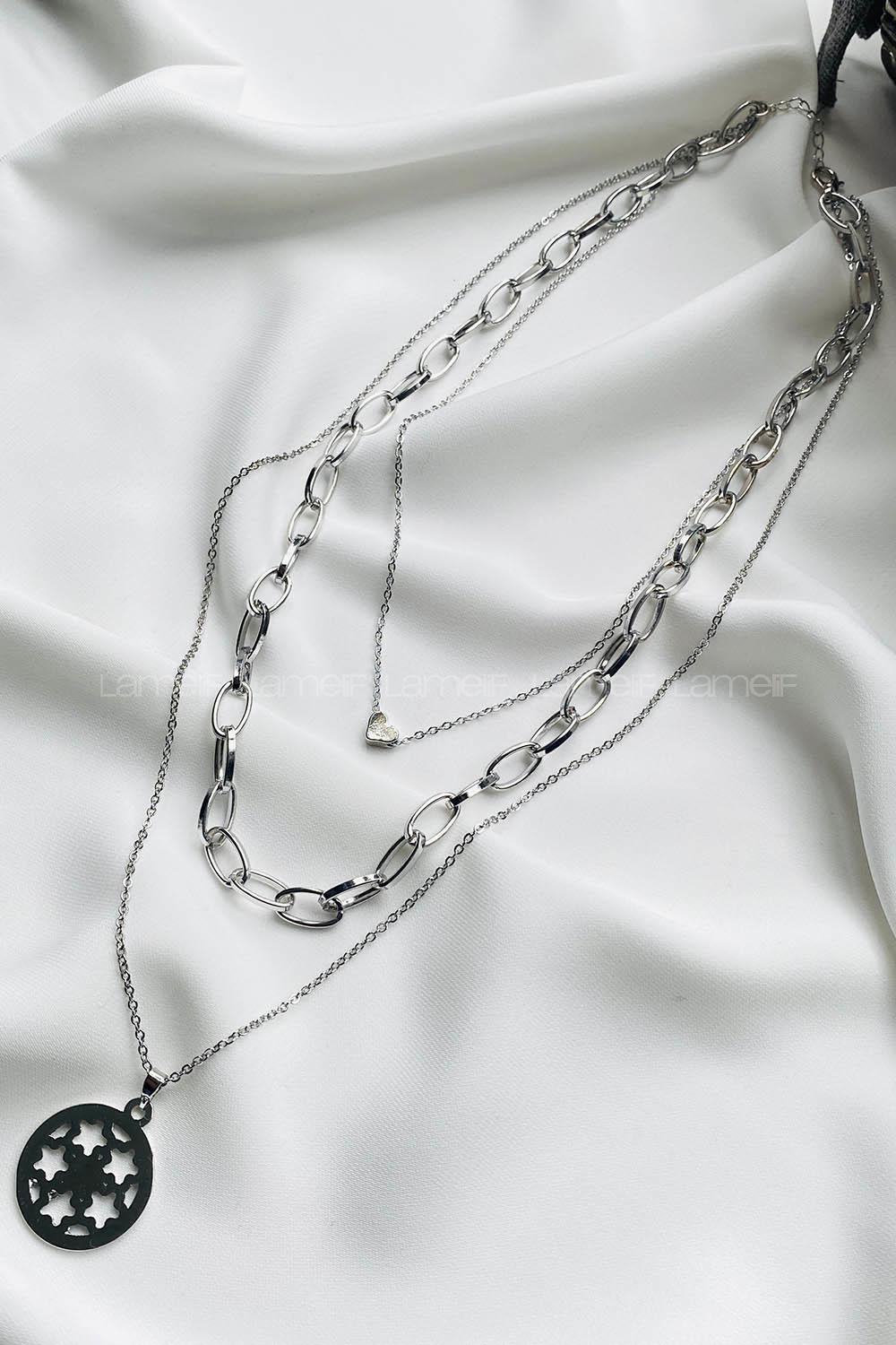 Modalamelif Gümüş 3Lü Kombin Kalp Detay Yıldızlı Kolye