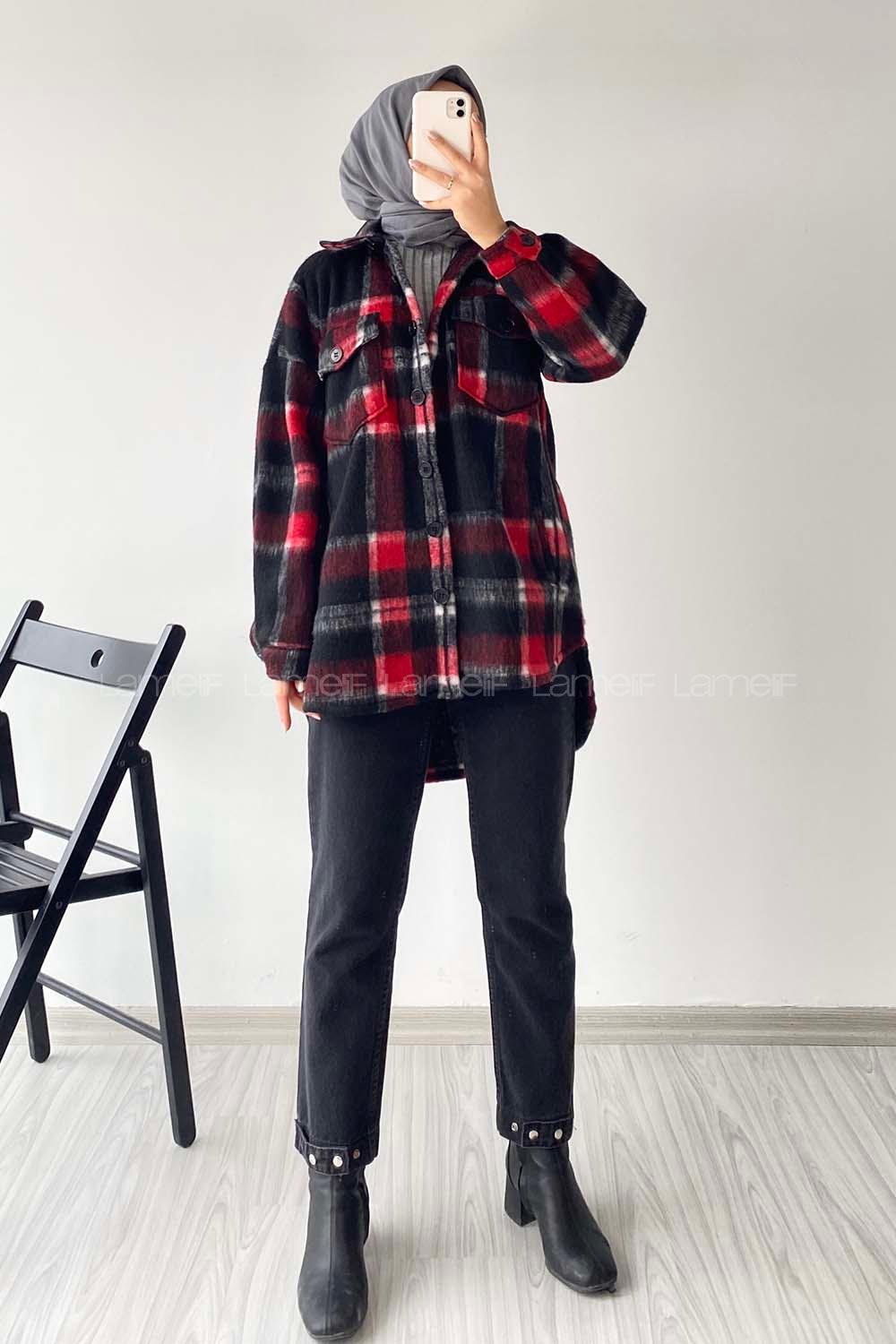 Modalamelif Oduncu Ekose Oversize Gömlek Siyah-Kırmızı