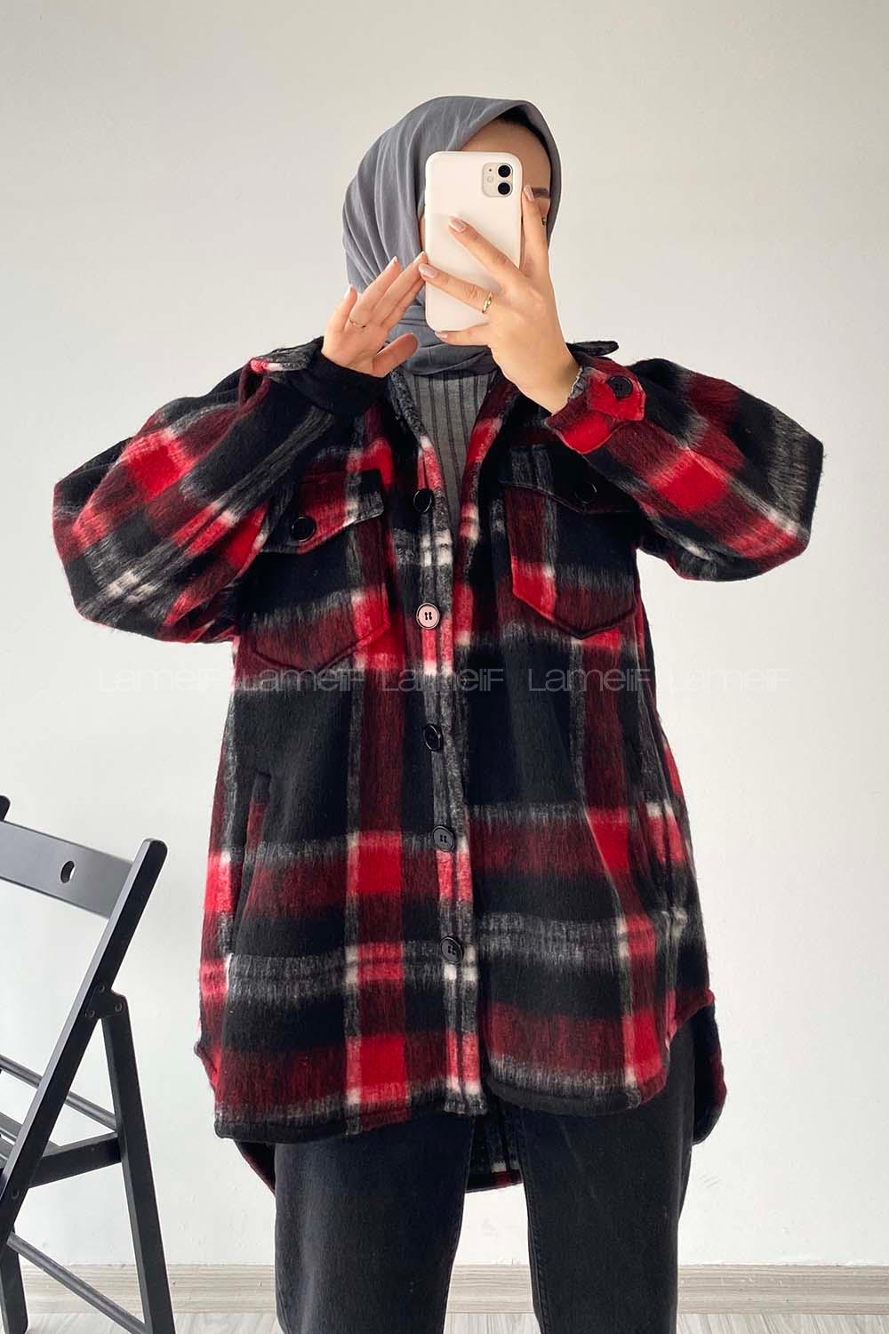 Modalamelif Oduncu Ekose Oversize Gömlek Siyah-Kırmızı