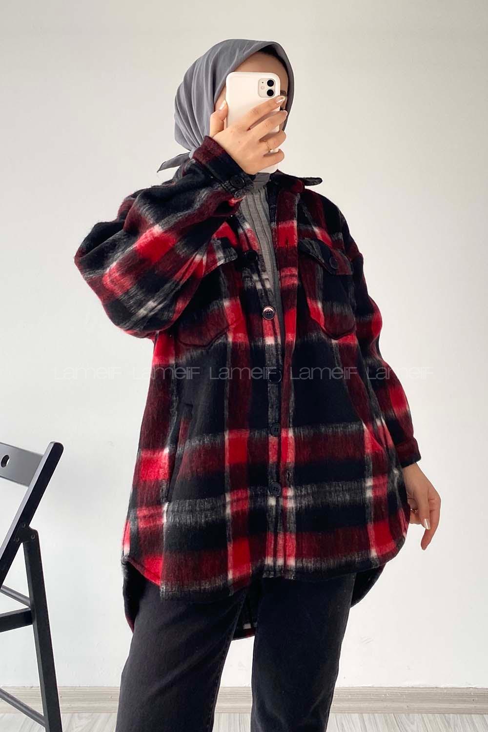 Modalamelif Oduncu Ekose Oversize Gömlek Siyah-Kırmızı