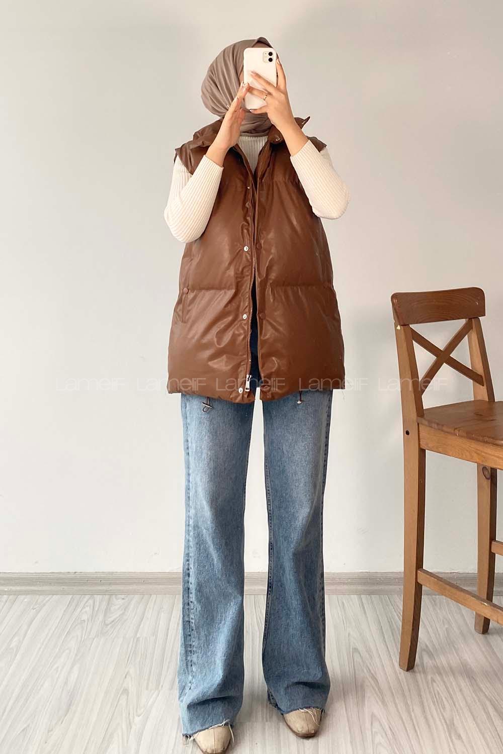 Modalamelif Şişme Deri Yelek Kahverengi