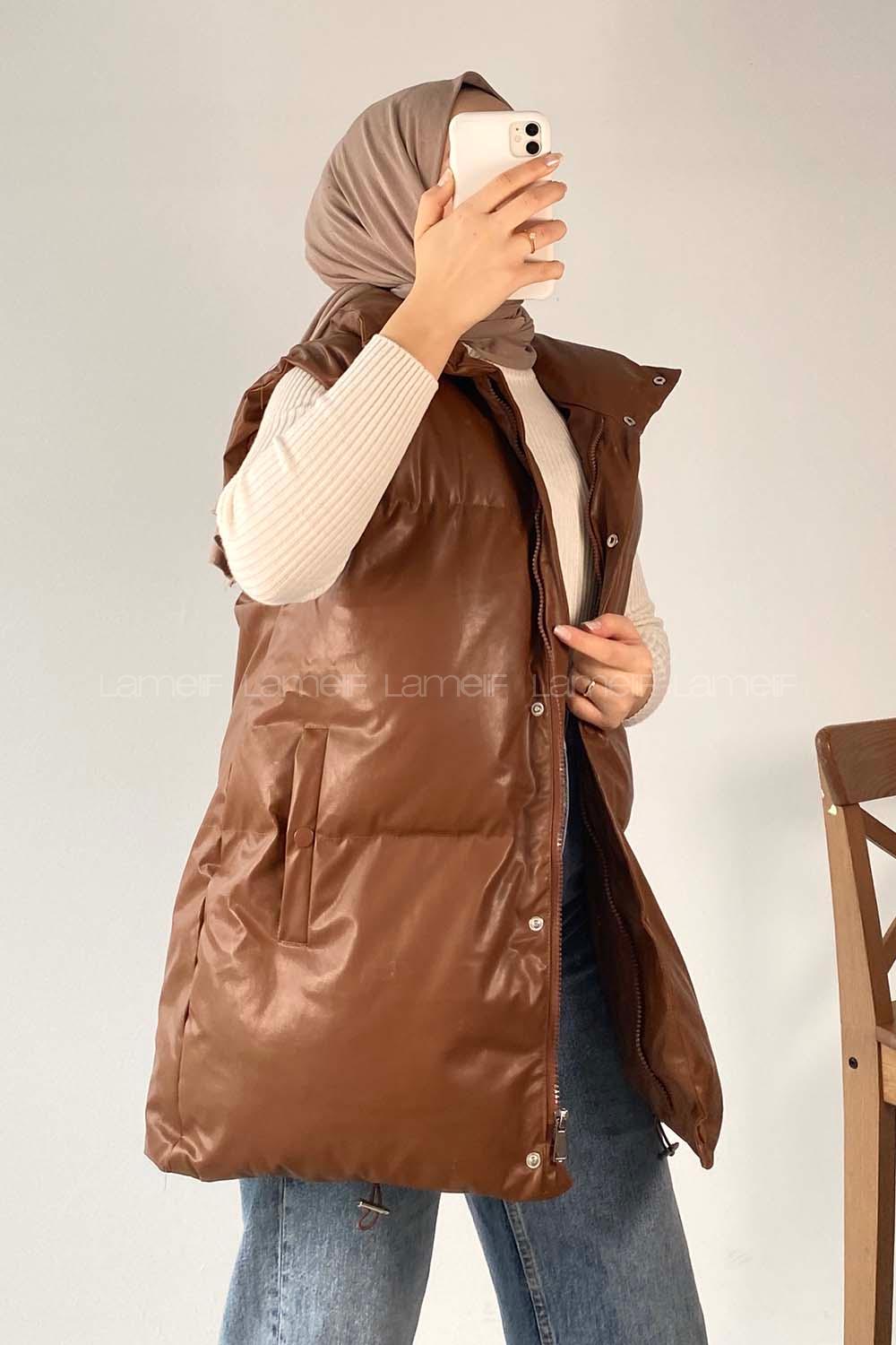 Modalamelif Şişme Deri Yelek Kahverengi