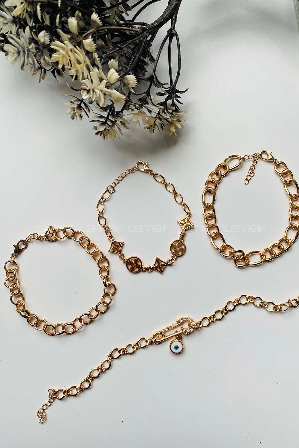 Modalamelif Gold 4lü Kombin Çengel İğne Detay Bileklik Seti