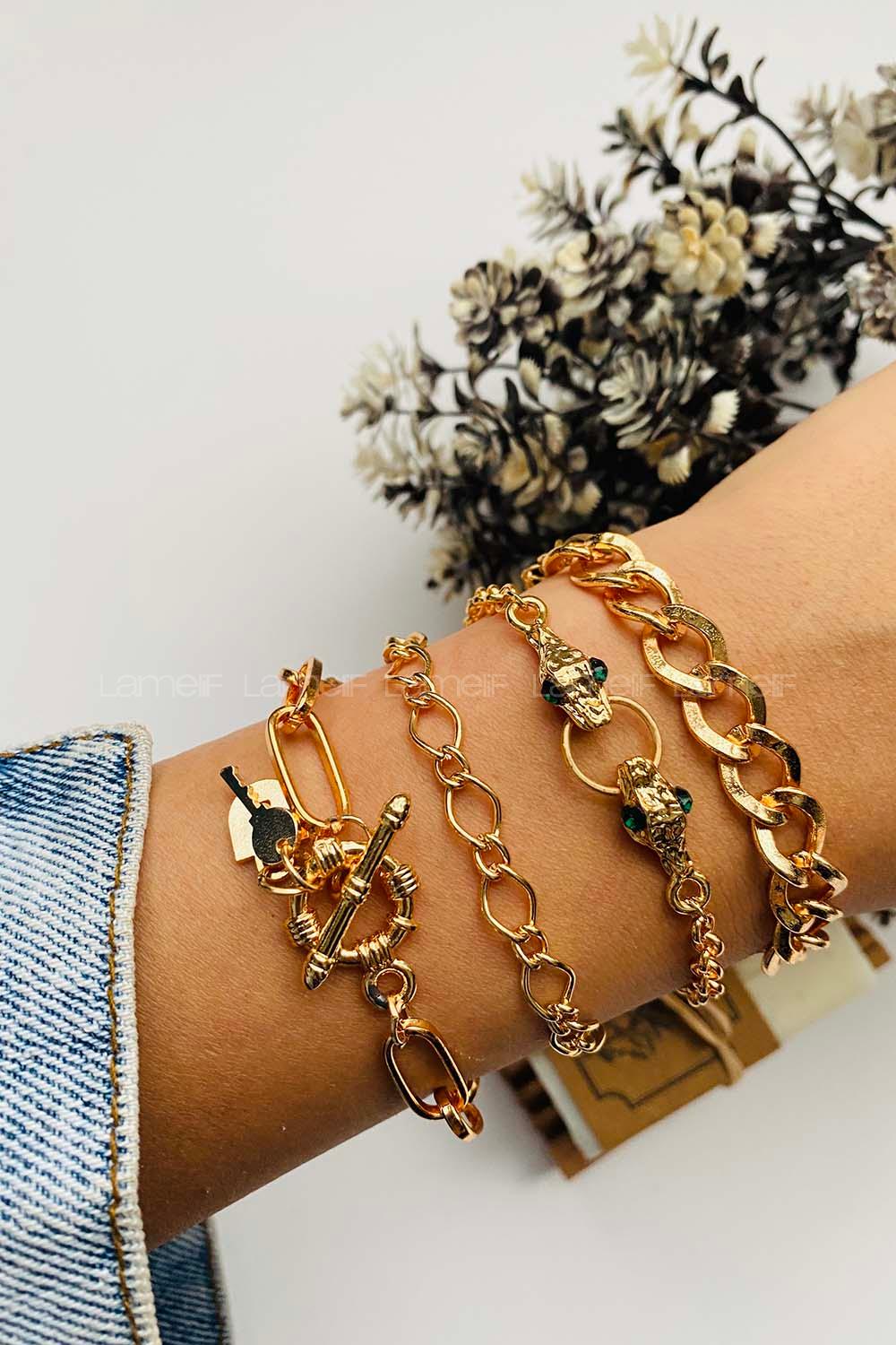 Modalamelif Gold 4lü Kombin Yılan Detay Bileklik Seti