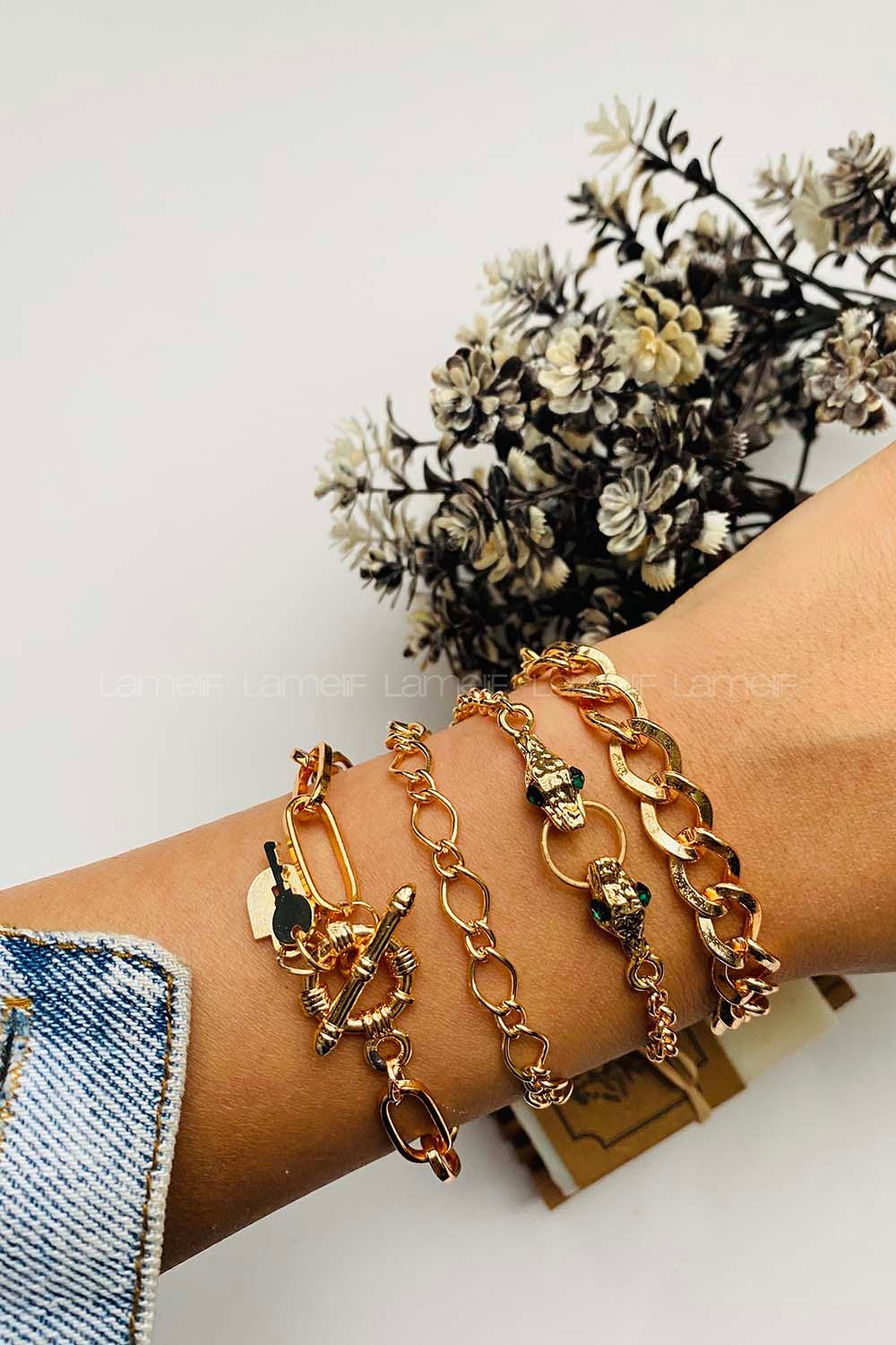 Modalamelif Gold 4lü Kombin Yılan Detay Bileklik Seti