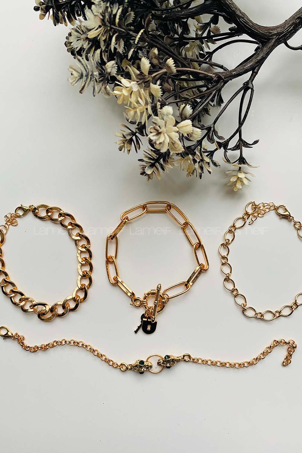 Modalamelif Gold 4lü Kombin Yılan Detay Bileklik Seti