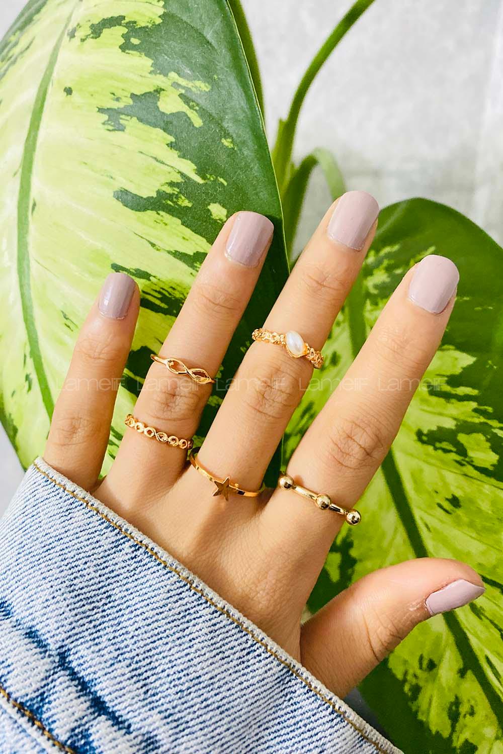 Modalamelif Gold 5 li Yıldız İnci Detay Yüzük Seti