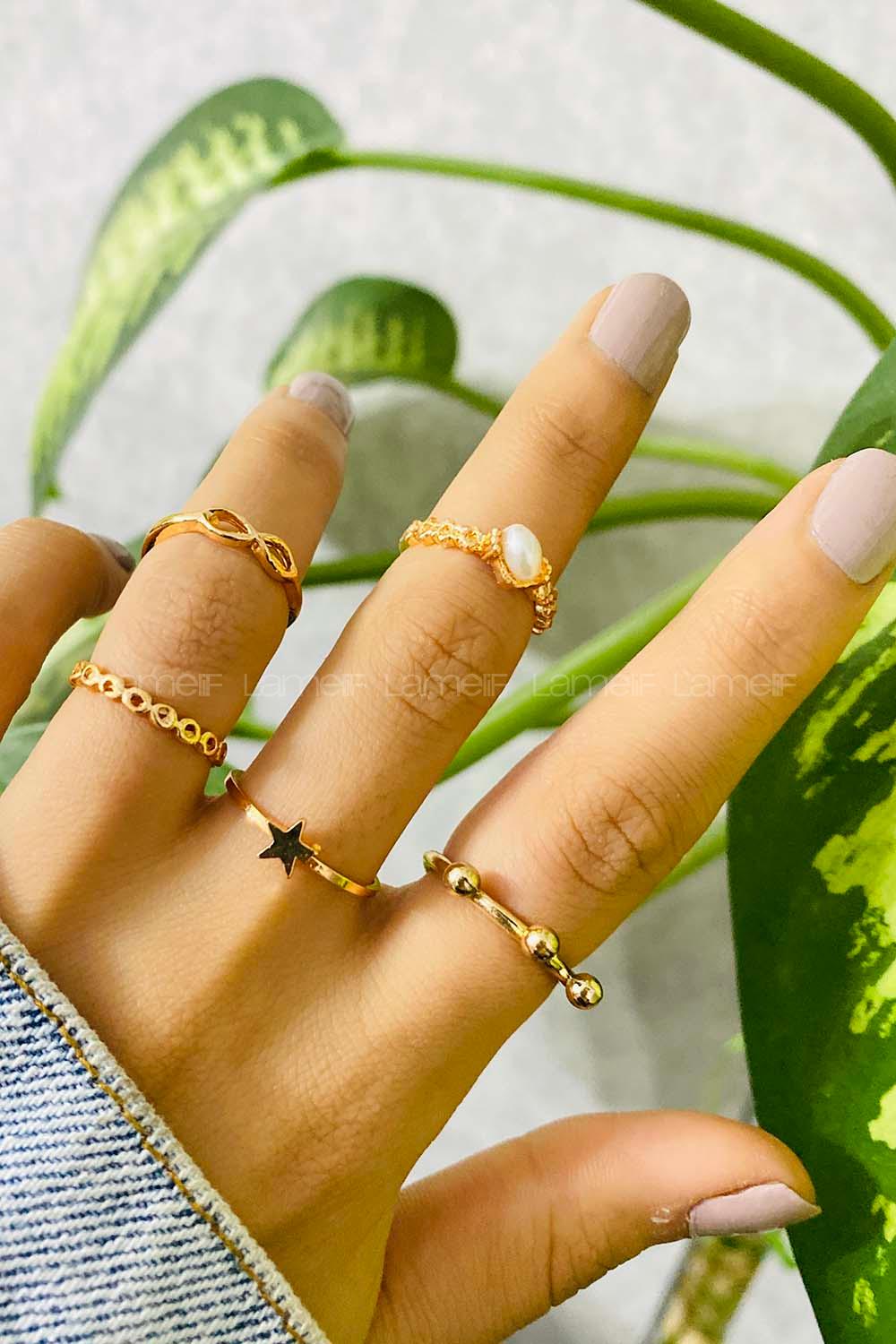 Modalamelif Gold 5 li Yıldız İnci Detay Yüzük Seti