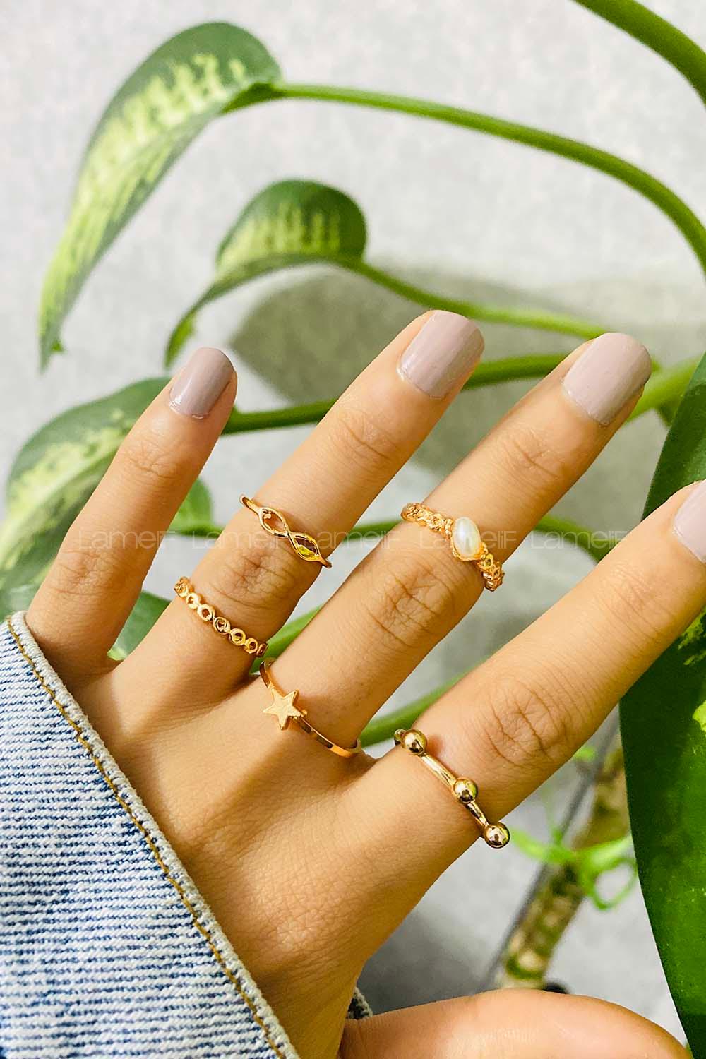 Modalamelif Gold 5 li Yıldız İnci Detay Yüzük Seti