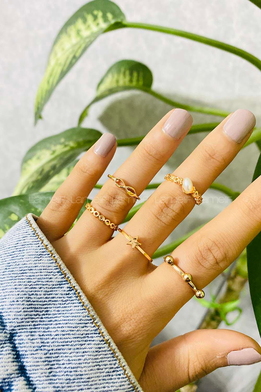 Modalamelif Gold 5 li Yıldız İnci Detay Yüzük Seti