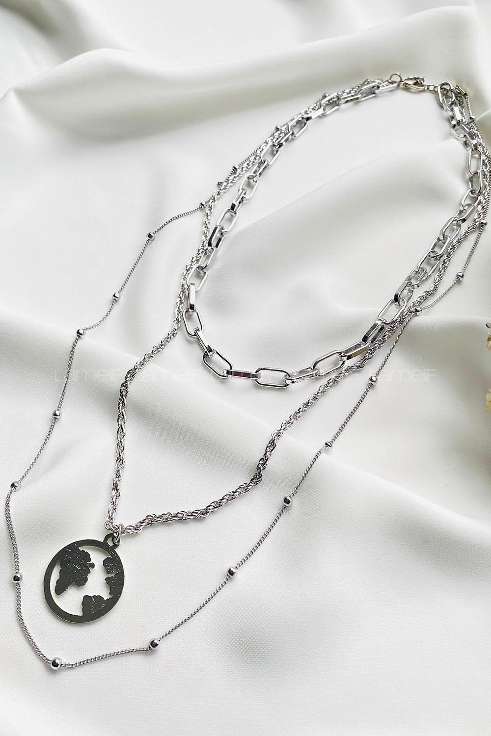 Modalamelif Gümüş 3Lü Kombin Dünya Detaylı Kolye