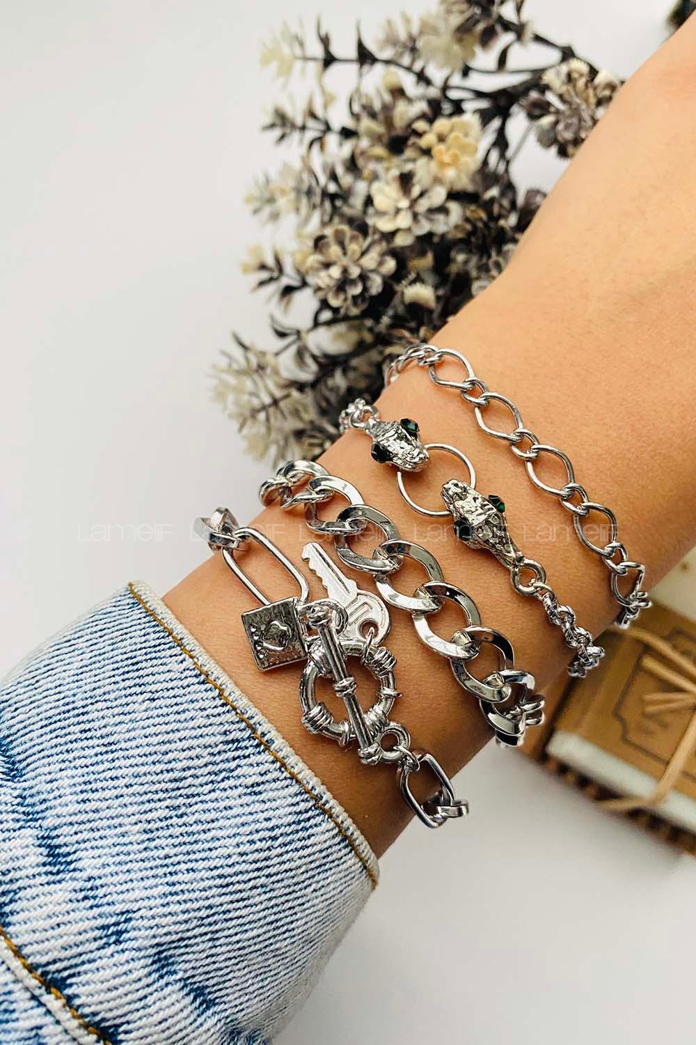 Modalamelif Gümüş 4lü Kombin Yılan Detay Bileklik Seti